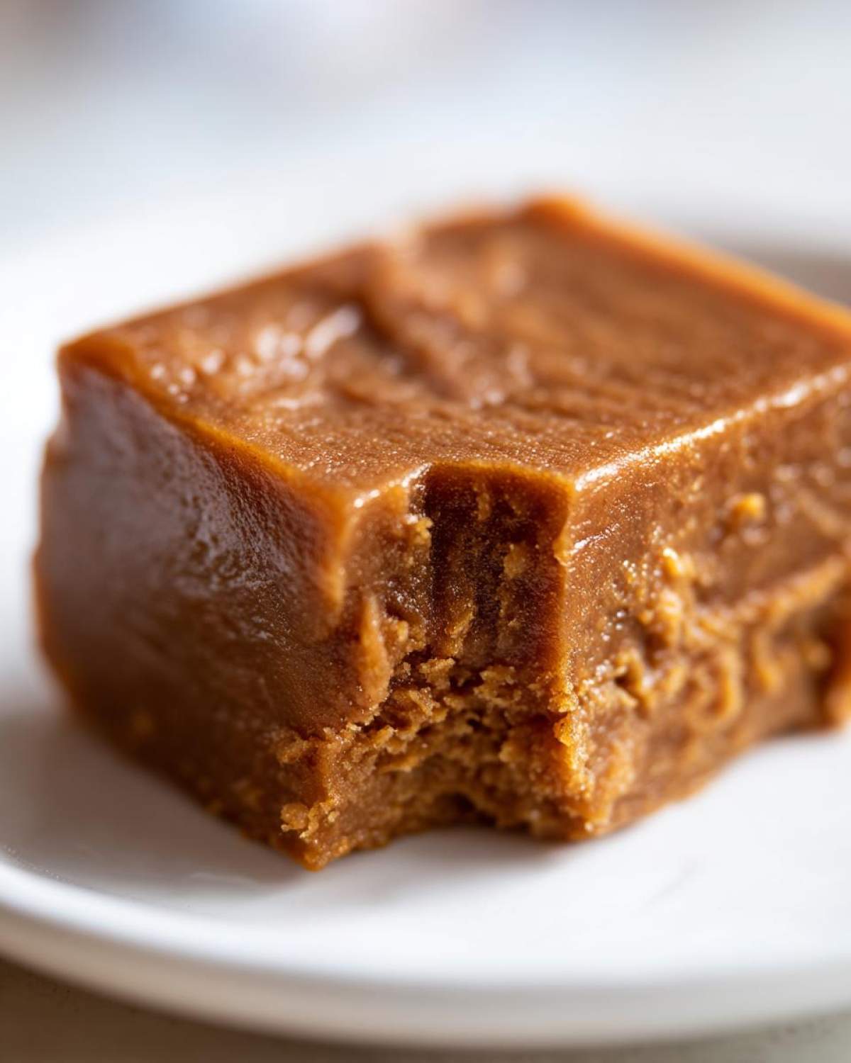 A close-up shot of a square piece of rich, brown penuche fudge resting on a white plate, showing a bite mark.