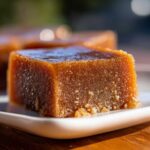 A close-up, glossy square piece of rich brown penuche fudge sitting on a white plate.