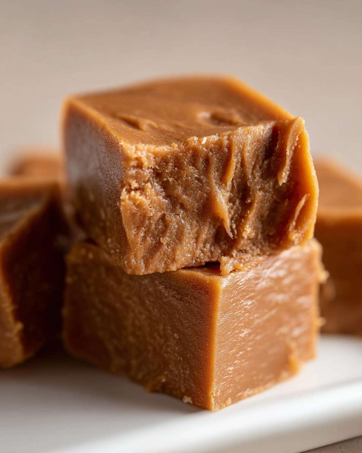 Close-up of two stacked, rich brown squares of soft penuche fudge showing a creamy, slightly crumbly texture.