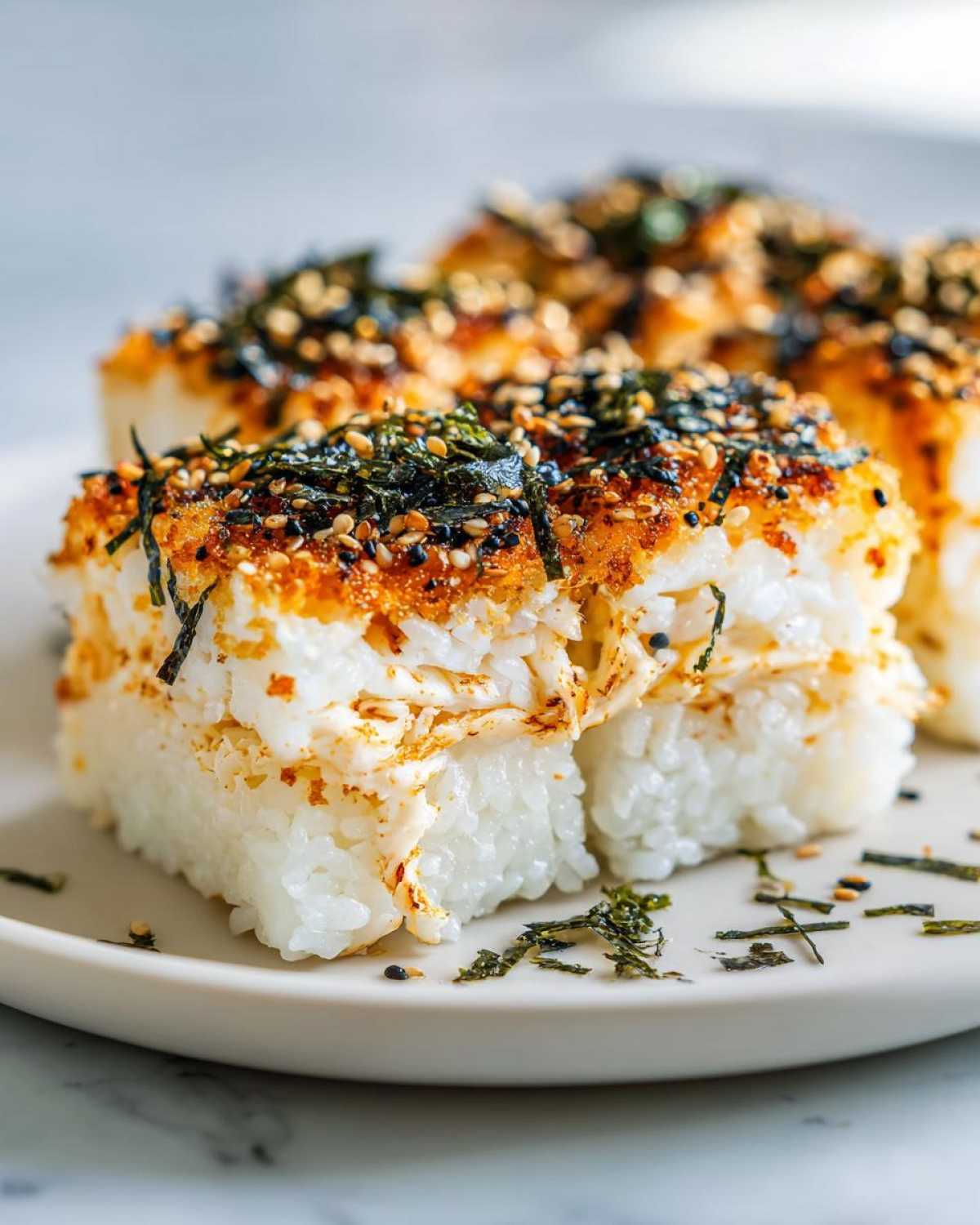Close-up of baked sushi bake squares topped with creamy filling, furikake, and toasted sesame seeds.
