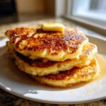 A stack of three golden brown coconut flour pancakes topped with melting butter and syrup.