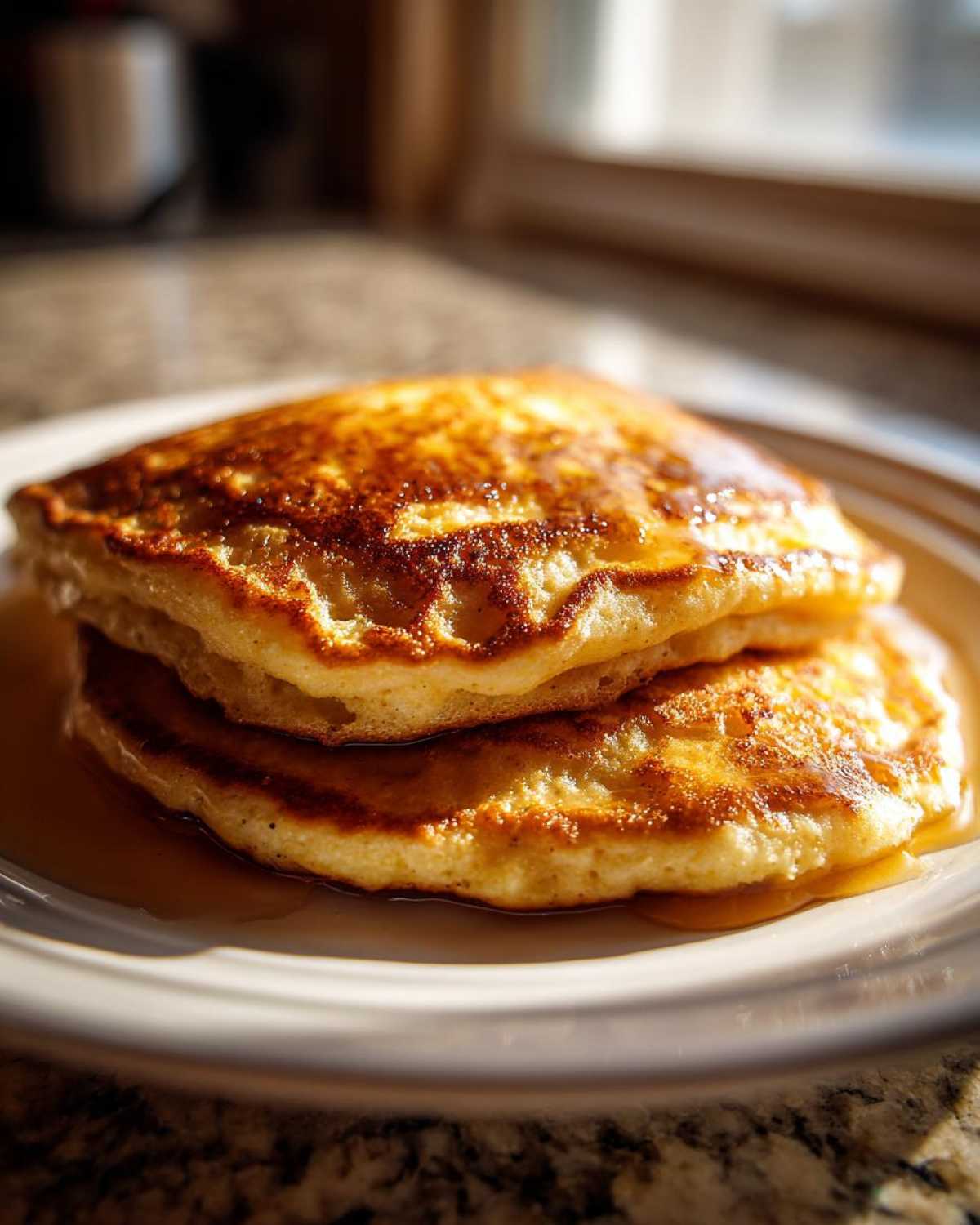 A stack of two golden brown coconut flour pancakes drizzled with syrup on a white plate.