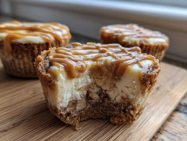 Close-up of a cookie butter cheesecake cup with a bite taken out, drizzled with caramel sauce.