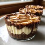 A close-up of individual cookie butter cheesecake cups featuring a thick crust, creamy filling, and a swirl of caramel topping.
