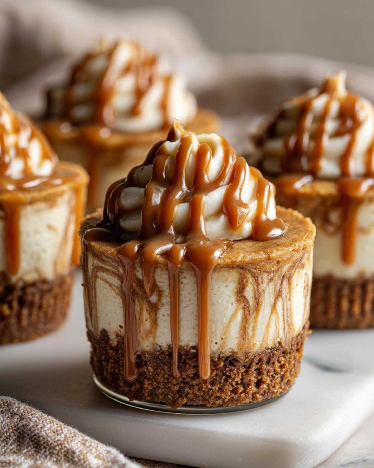 A close-up of one of the amazing cookie butter cheesecake cups topped with whipped cream and drizzled with thick caramel sauce.