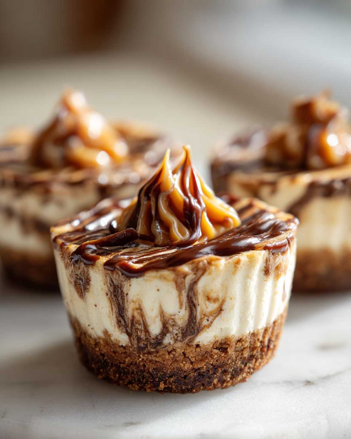 A close-up of a single cookie butter cheesecake cup featuring a graham cracker crust and a swirl of caramel and chocolate topping.