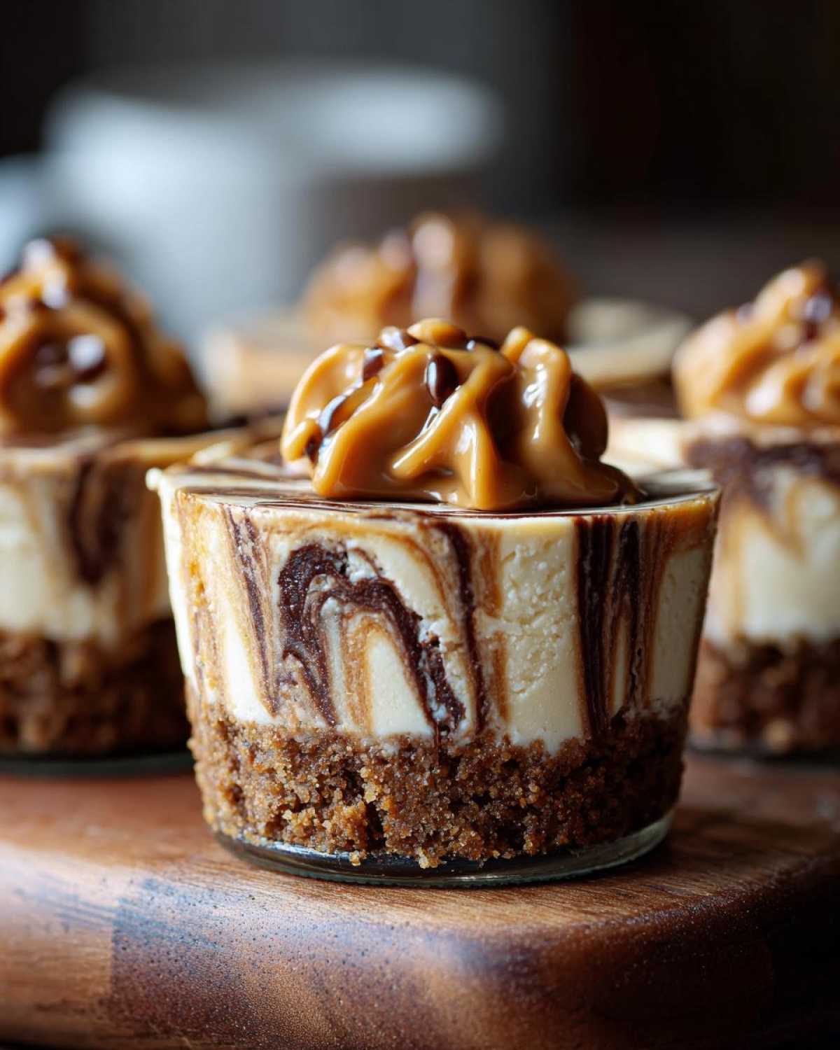 A single, decadent cookie butter cheesecake cup featuring a graham cracker crust and a swirl of cookie butter topping.