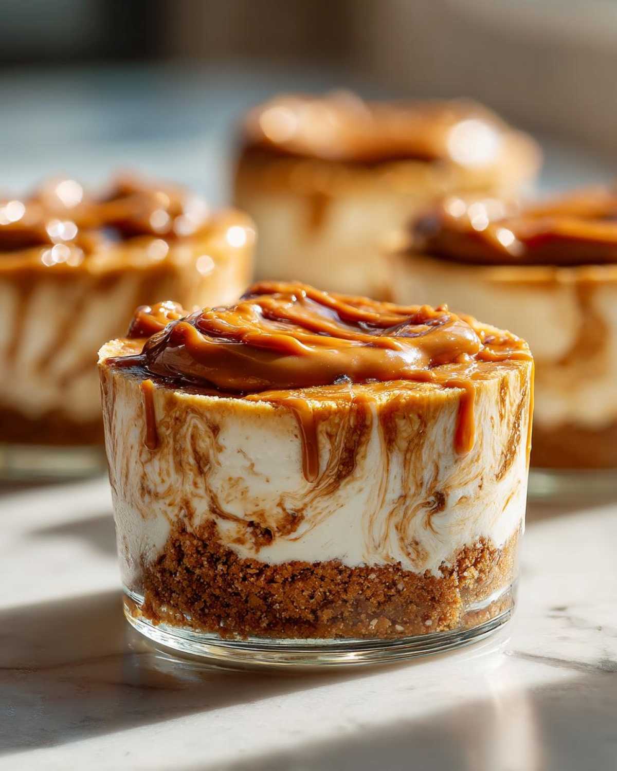 A single serving of cookie butter cheesecake cups in a glass, showing a graham cracker crust and swirled filling topped with thick caramel.
