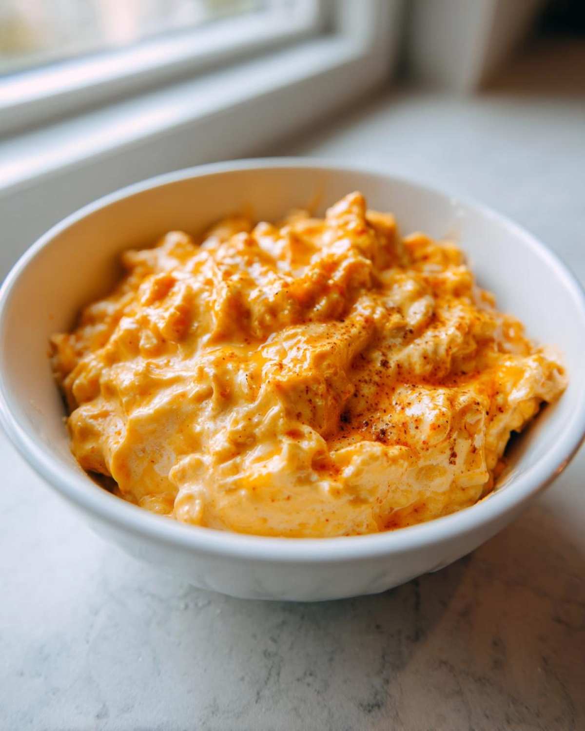 Close-up of thick, creamy orange beer cheese dip sprinkled with paprika in a white bowl.