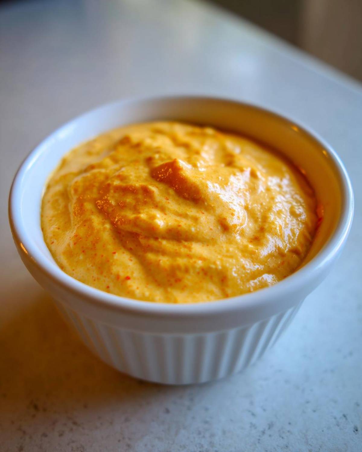 Close-up of rich, orange-yellow beer cheese dip served in a small white fluted ramekin.