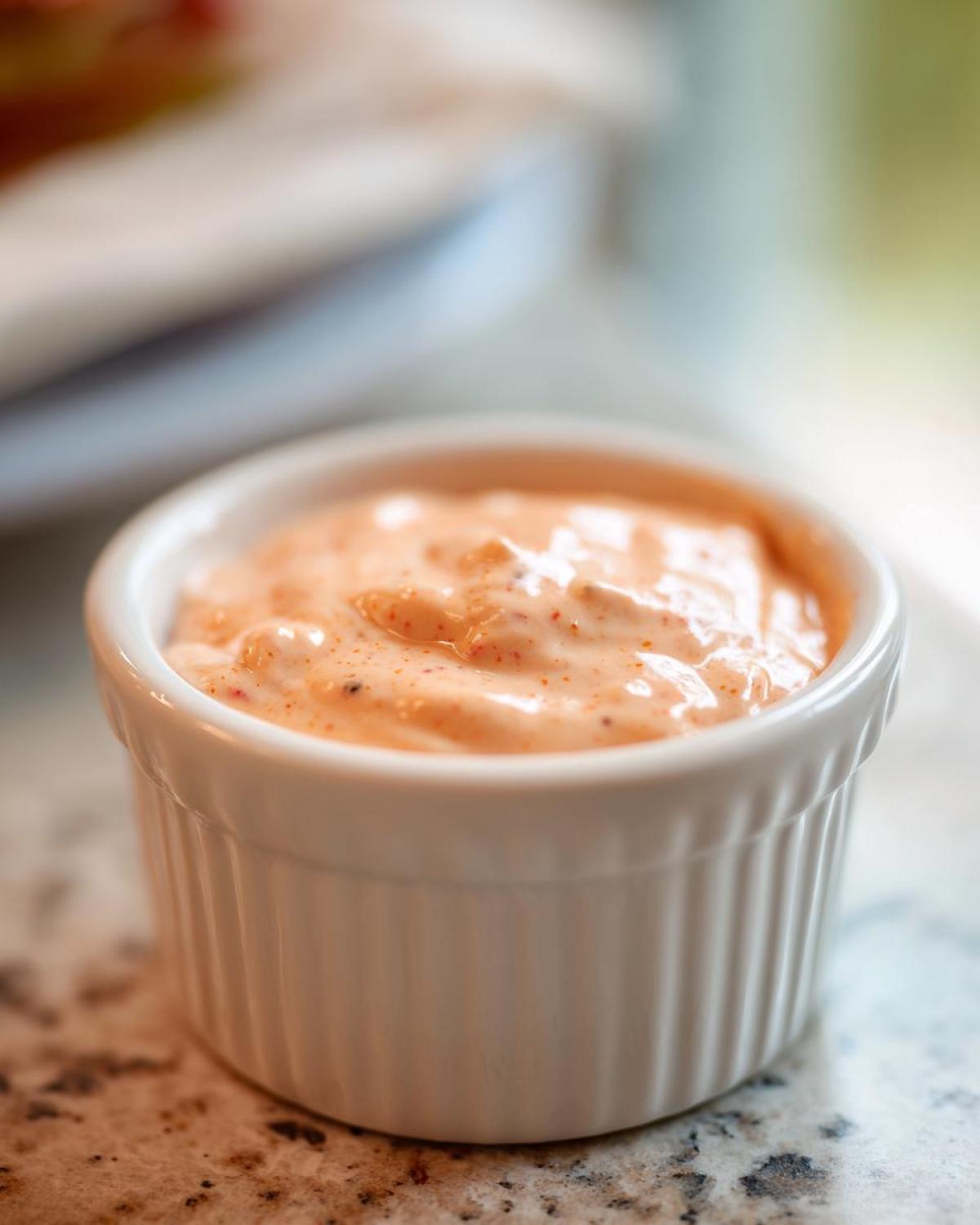 Close-up of creamy, orange-hued big mac sauce served in a small white fluted ramekin dish.