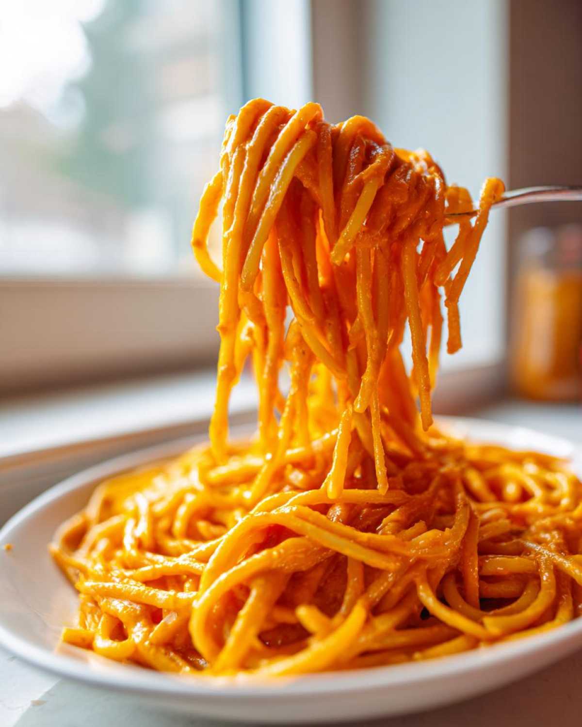 Close-up of spaghetti being lifted by a fork, heavily coated in rich orange butternut squash pasta sauce.