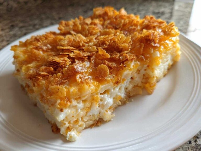 A close-up of a serving of cheesy potato casserole topped with crispy, golden cornflakes.