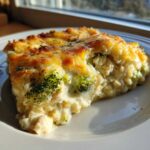 A close-up slice of creamy Chicken Divan casserole featuring broccoli florets and a bubbly, golden-brown cheese topping.