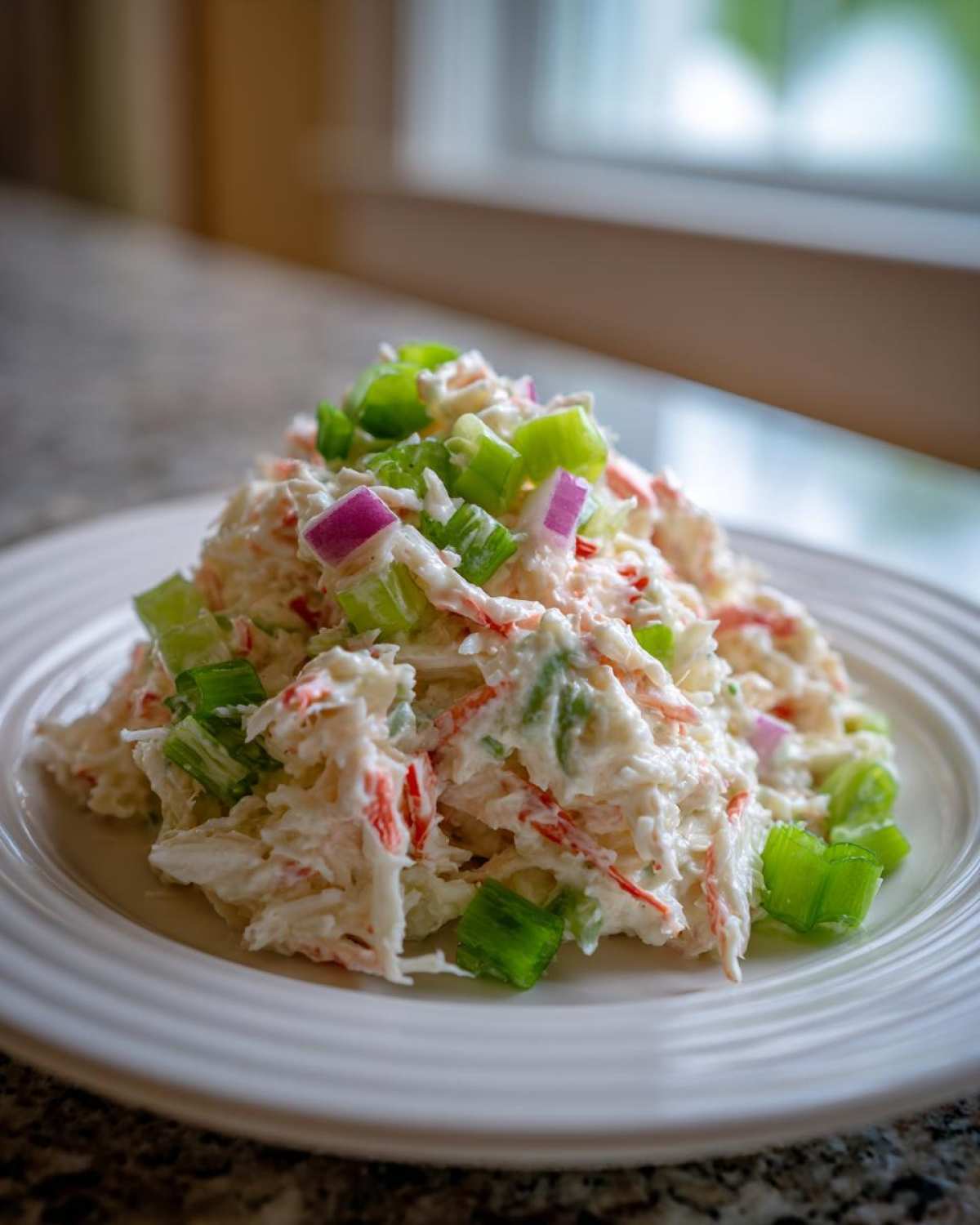 A mound of creamy crab salad topped with chopped green celery and purple red onion on a white plate.