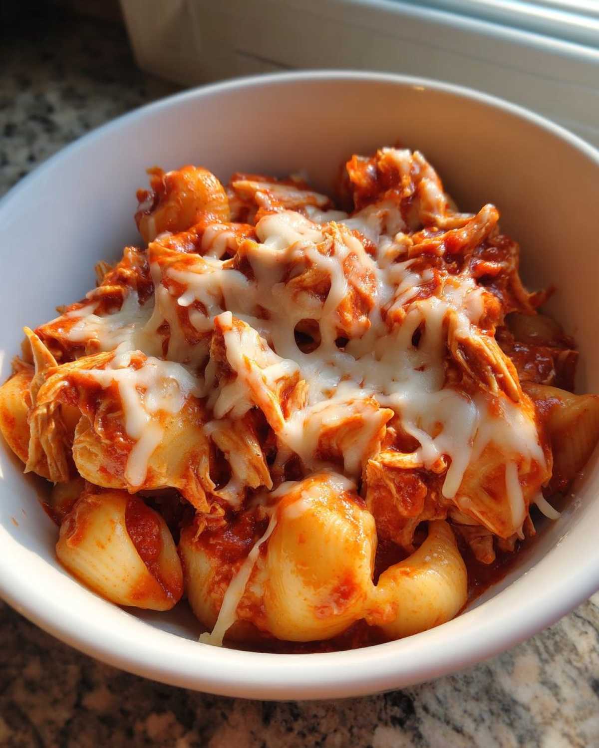 Close-up of a white bowl filled with creamy enchilada pasta, shredded chicken, and melted white cheese.