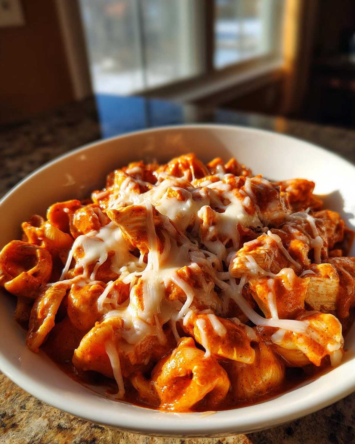 Close-up of a bowl of creamy enchilada pasta topped with melted white cheese.