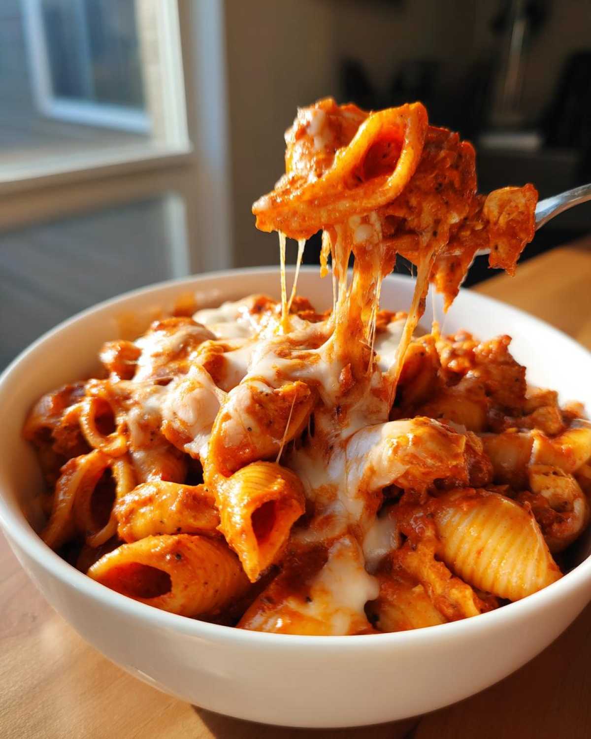 A fork lifts a bite of creamy enchilada pasta, showing a dramatic cheese pull over a white bowl.