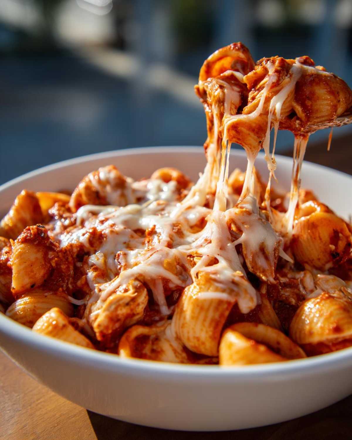 A spoonful of creamy enchilada pasta being lifted from a white bowl, showing long, stretchy melted cheese.