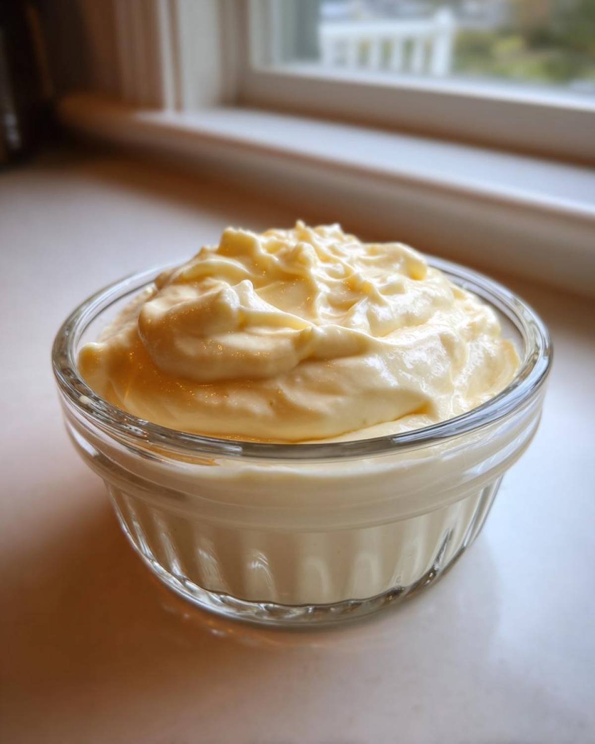 A small glass bowl filled with thick, creamy homemade garlic aioli, set near a bright window.