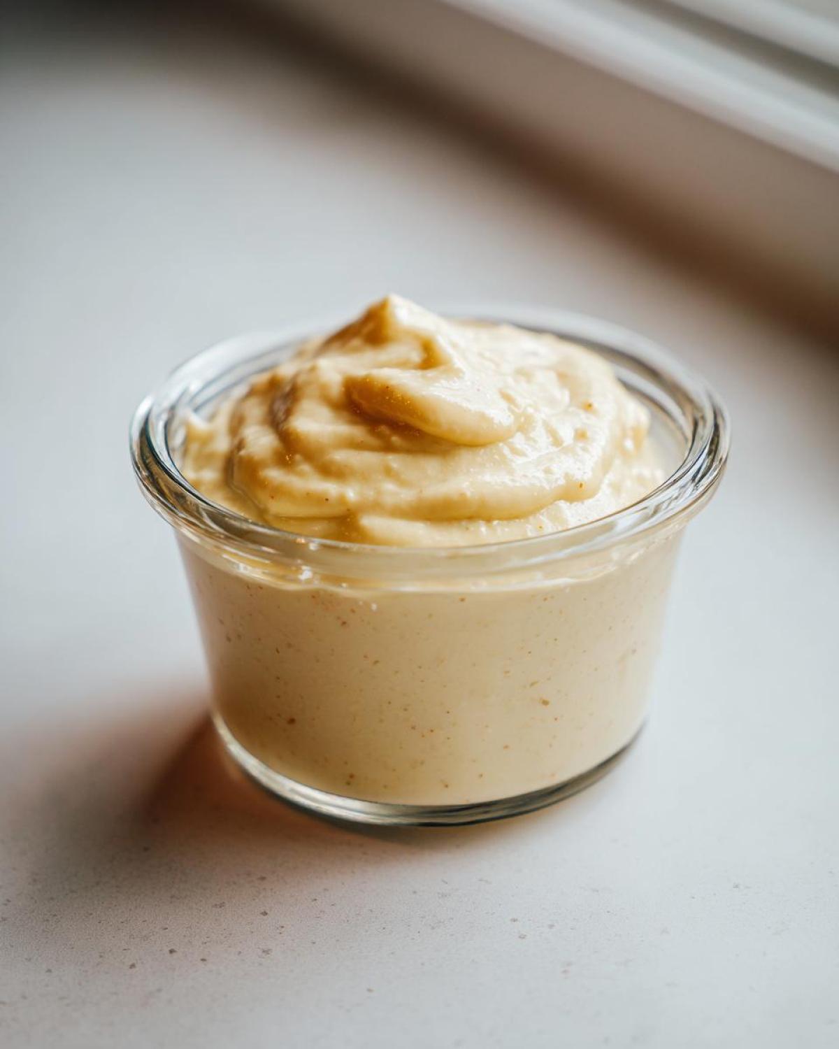 A close-up of thick, creamy garlic aioli swirled high in a small glass jar, set against a bright, light background.