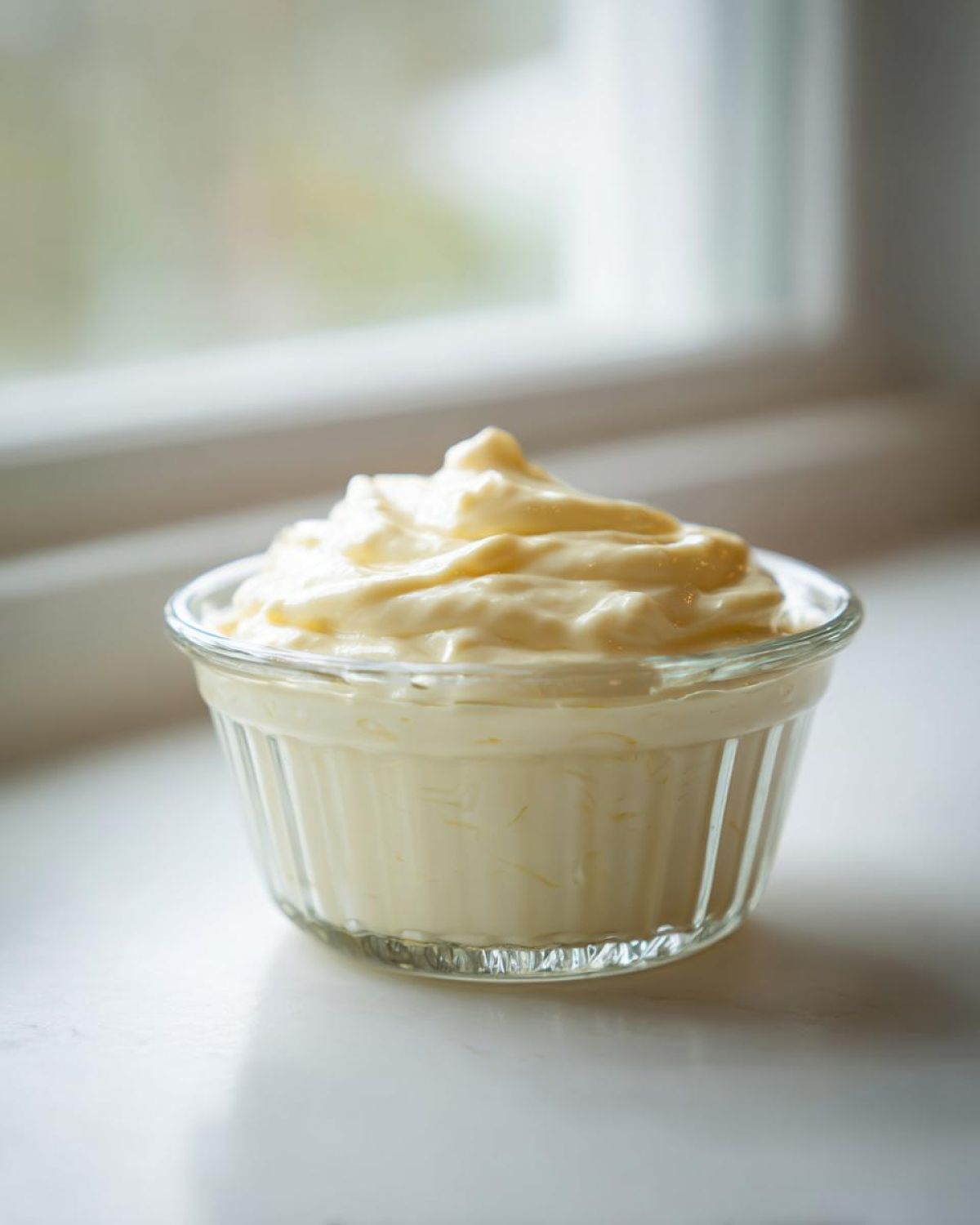 A close-up of creamy, pale yellow garlic aioli swirled high in a small, clear glass ramekin.