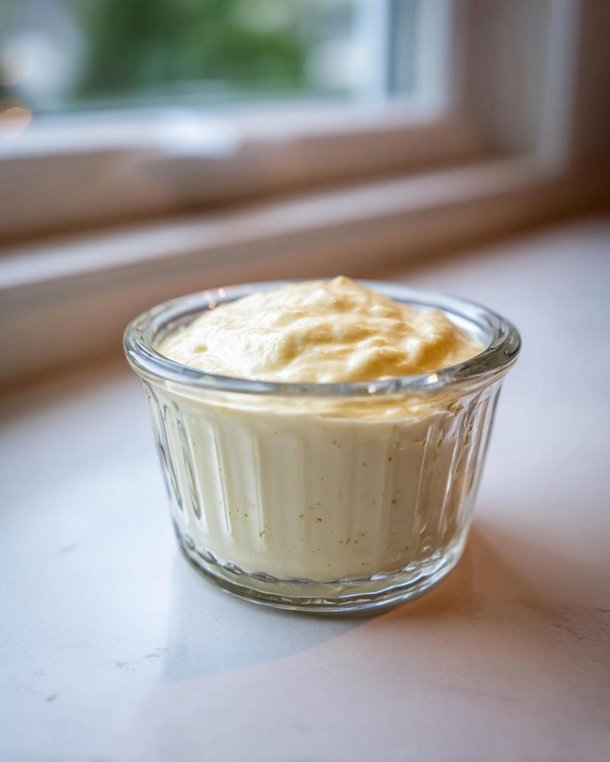 A close-up of thick, creamy garlic aioli served in a small, ribbed glass ramekin.
