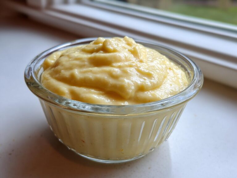 A close-up of thick, pale yellow homemade garlic aioli served in a small, ribbed glass bowl.