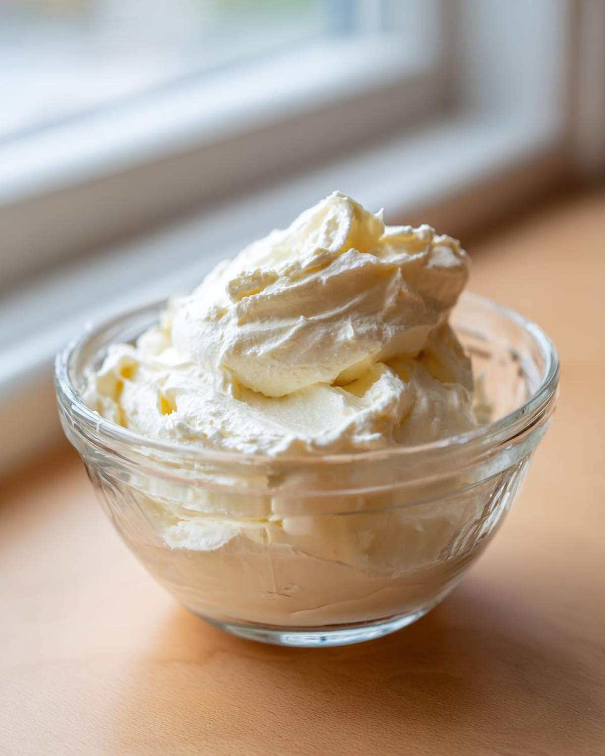 A clear glass bowl filled with fluffy, white creamy horseradish sauce, set on a wooden surface near a window.