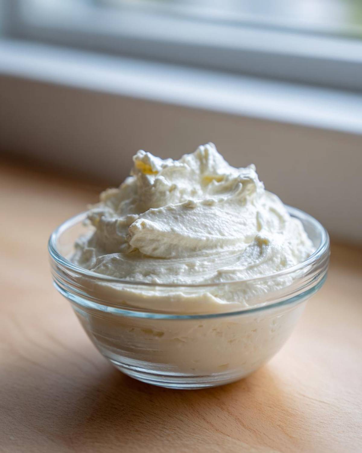 A small glass bowl filled with fluffy, white creamy horseradish sauce, set on a wooden surface.