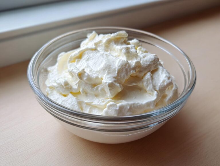 Close-up of thick, fluffy white creamy horseradish sauce served in a small, clear glass bowl.