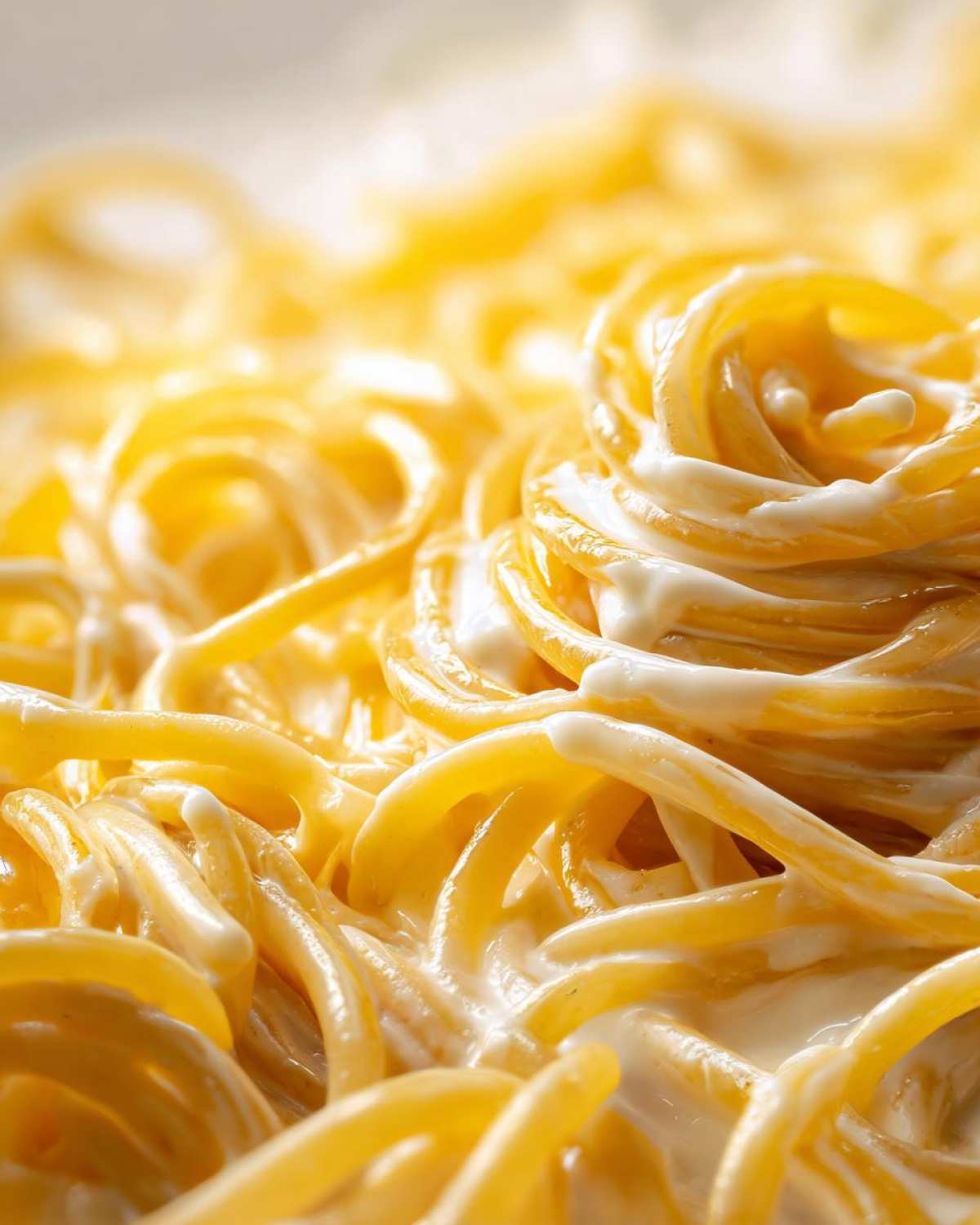 Extreme close-up of spaghetti noodles coated in a rich, yellow and white creamy lemon pasta sauce.