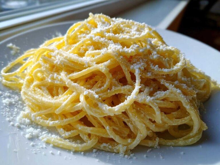 A close-up shot of a mound of creamy lemon pasta topped generously with grated white cheese.