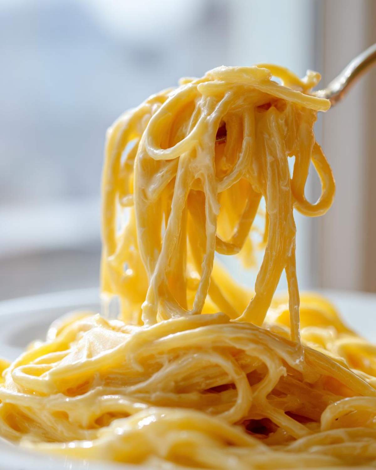 A fork lifts a generous portion of spaghetti coated in rich, creamy lemon pasta sauce.