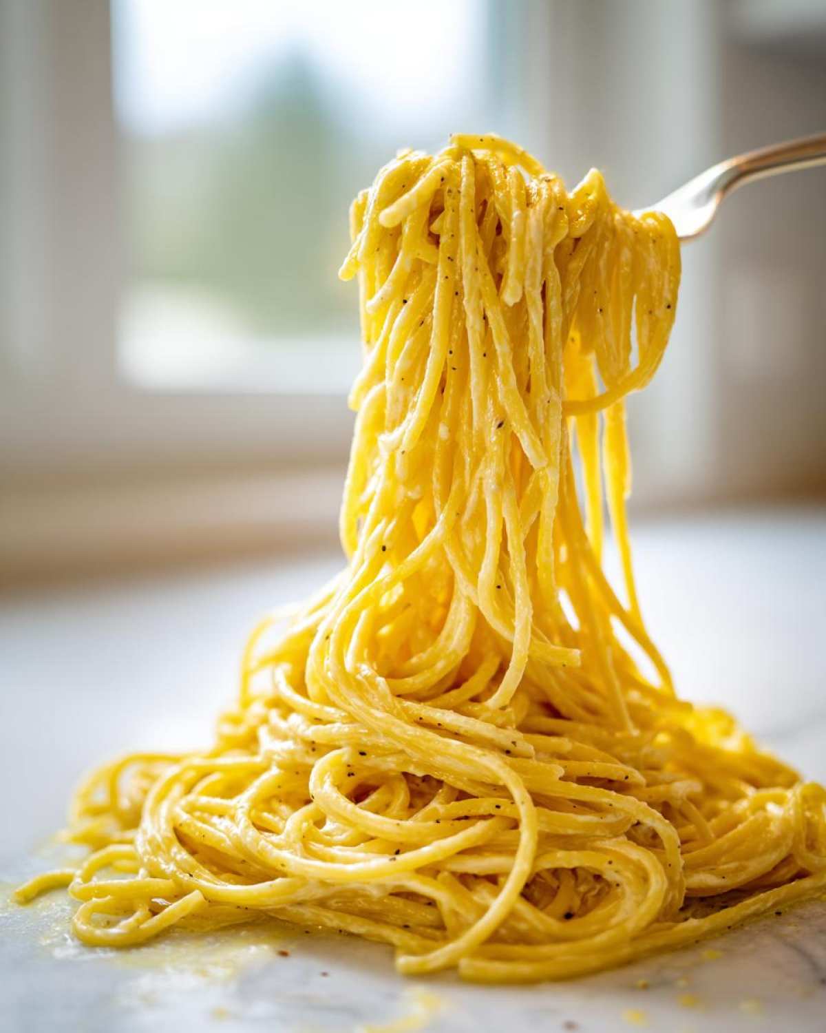 A fork lifts a generous portion of creamy lemon pasta, showing the rich, yellow sauce coating the spaghetti strands.