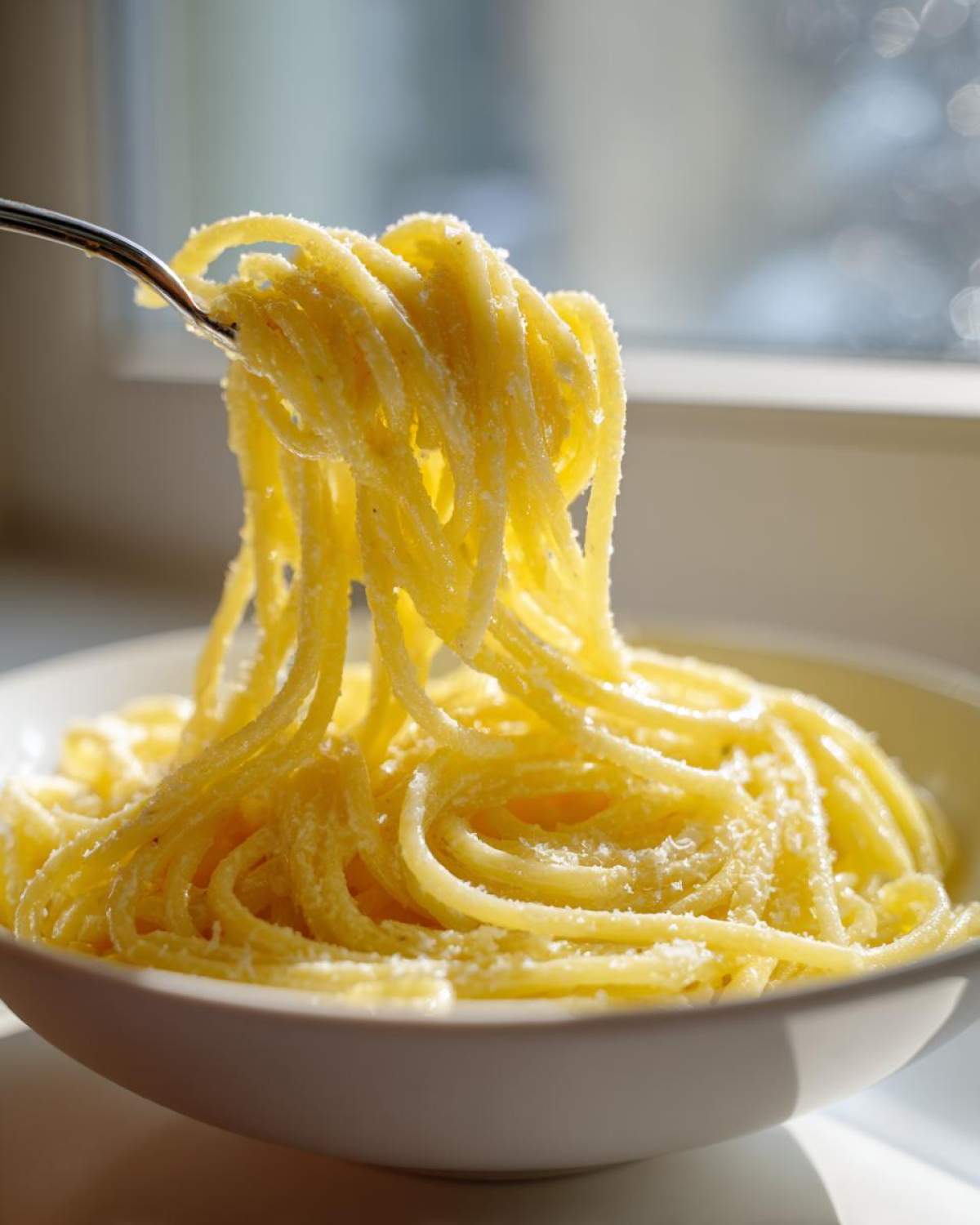A fork lifting a large swirl of bright yellow, creamy lemon pasta coated in cheese from a white bowl.