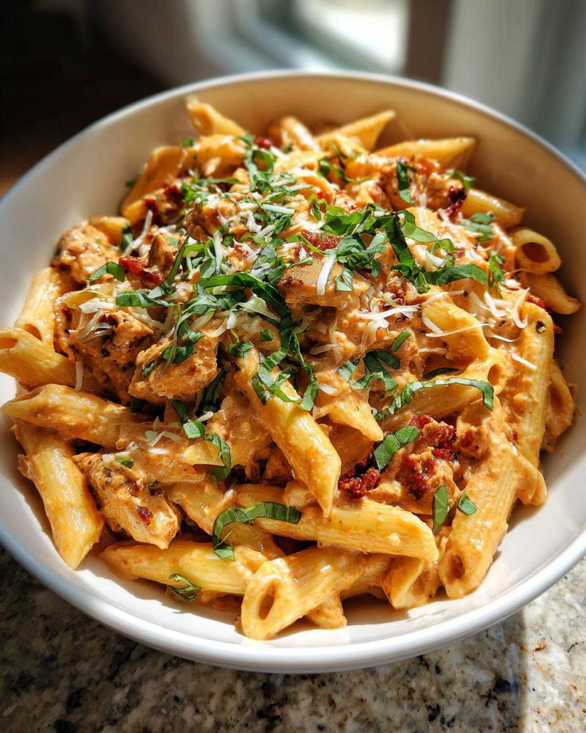 A close-up of creamy marry me chicken pasta with penne, sun-dried tomatoes, and fresh basil garnish.