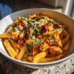 A close-up serving of creamy marry me chicken pasta with sun-dried tomatoes and fresh basil.