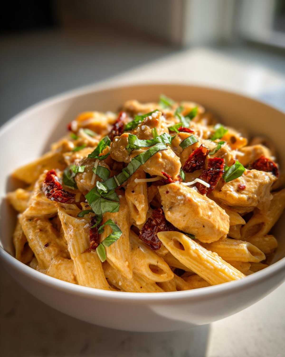 Close-up of creamy marry me chicken pasta featuring penne, chicken pieces, sun-dried tomatoes, and fresh basil.