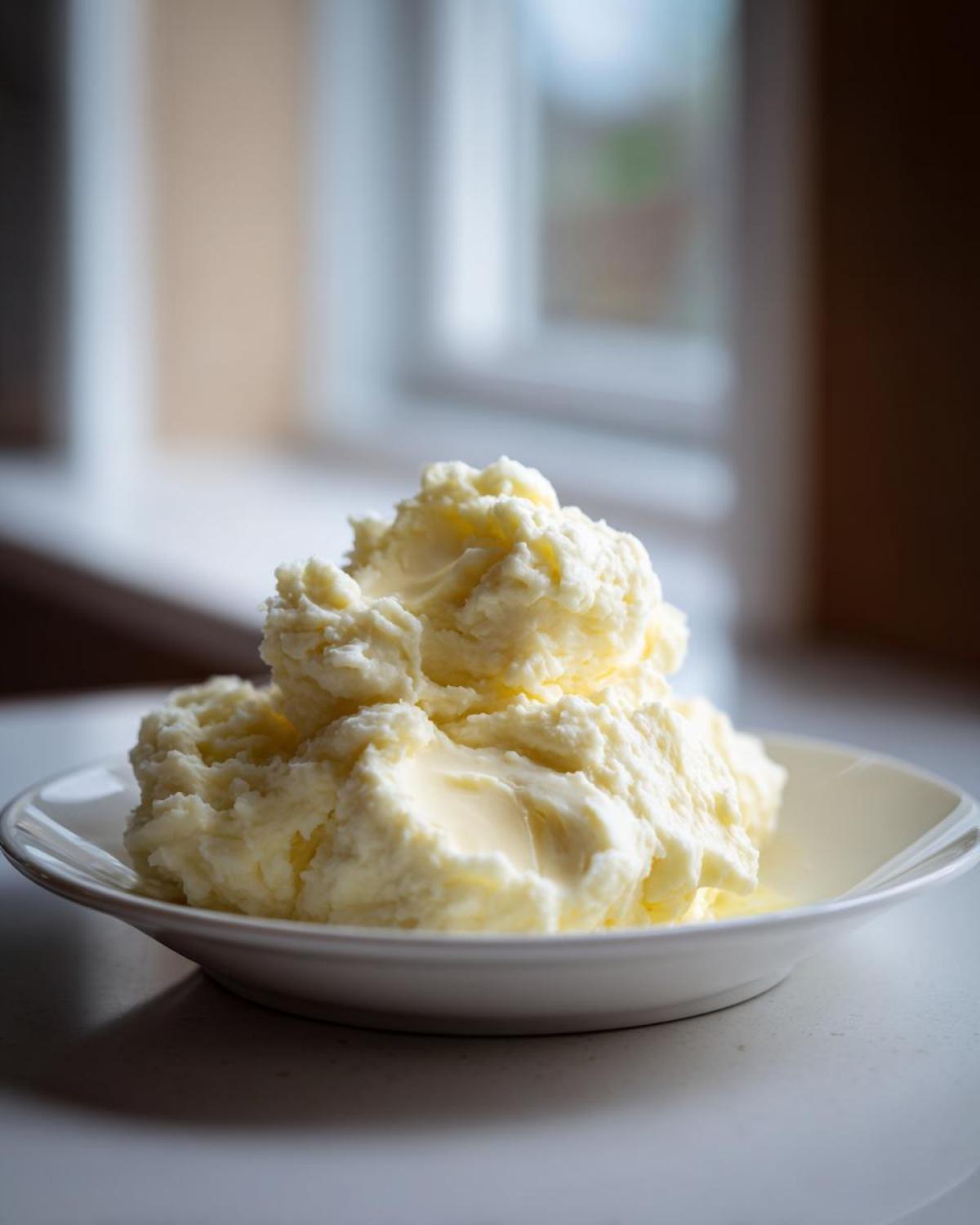 A generous serving of creamy, fluffy mashed potatoes topped with melting butter in a white bowl.