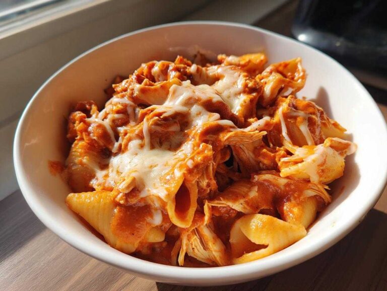 Amazing 1-Pot Creamy Enchilada Pasta Close-up of creamy enchilada pasta with melted cheese in a white bowl, featuring shell pasta and shredded chicken.