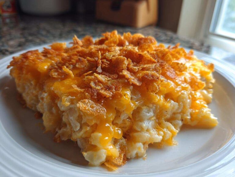 A serving of creamy potato casserole topped with melted cheddar cheese and crispy cornflakes.