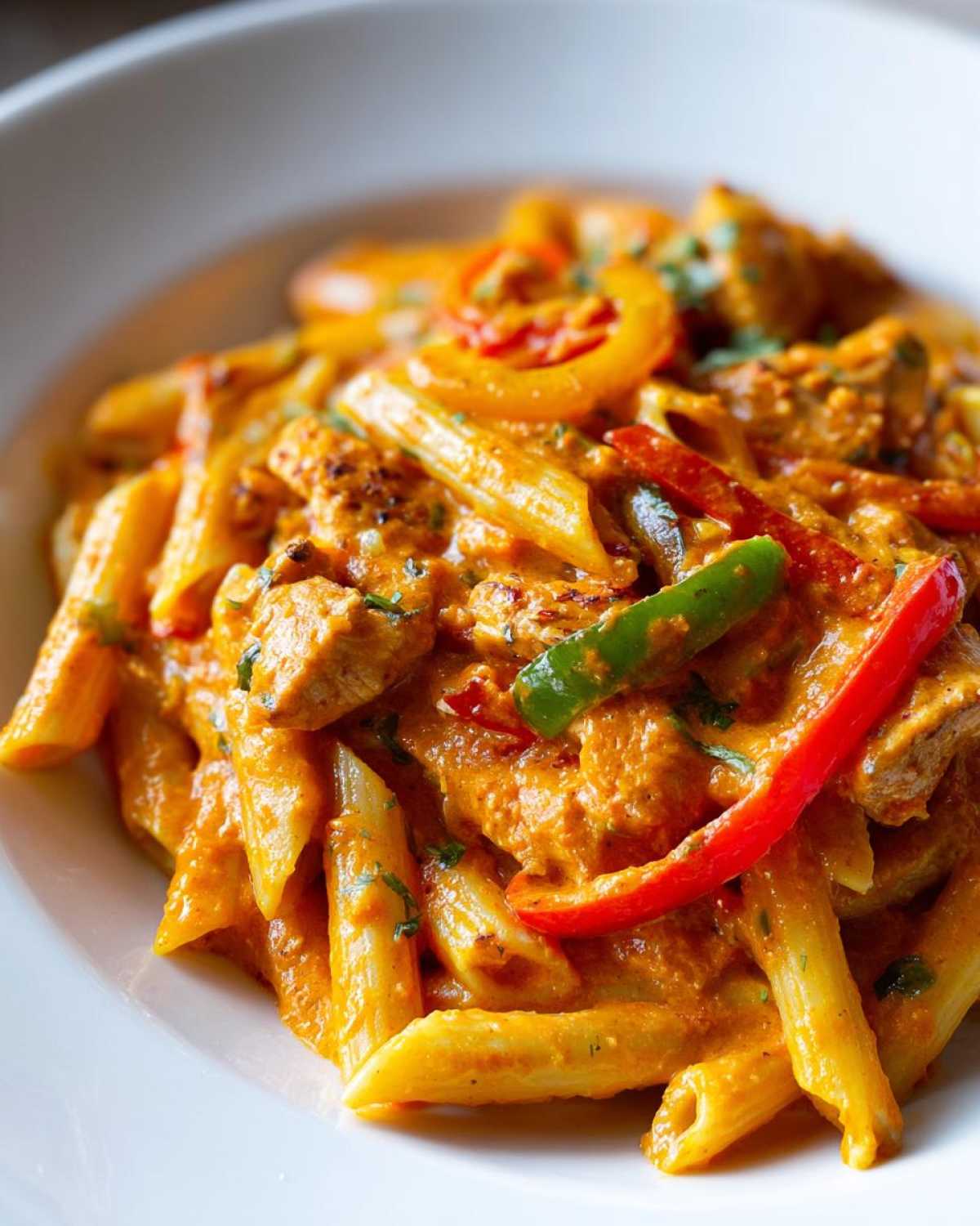 A close-up shot of creamy Rasta pasta featuring penne, chicken chunks, and colorful bell pepper strips.