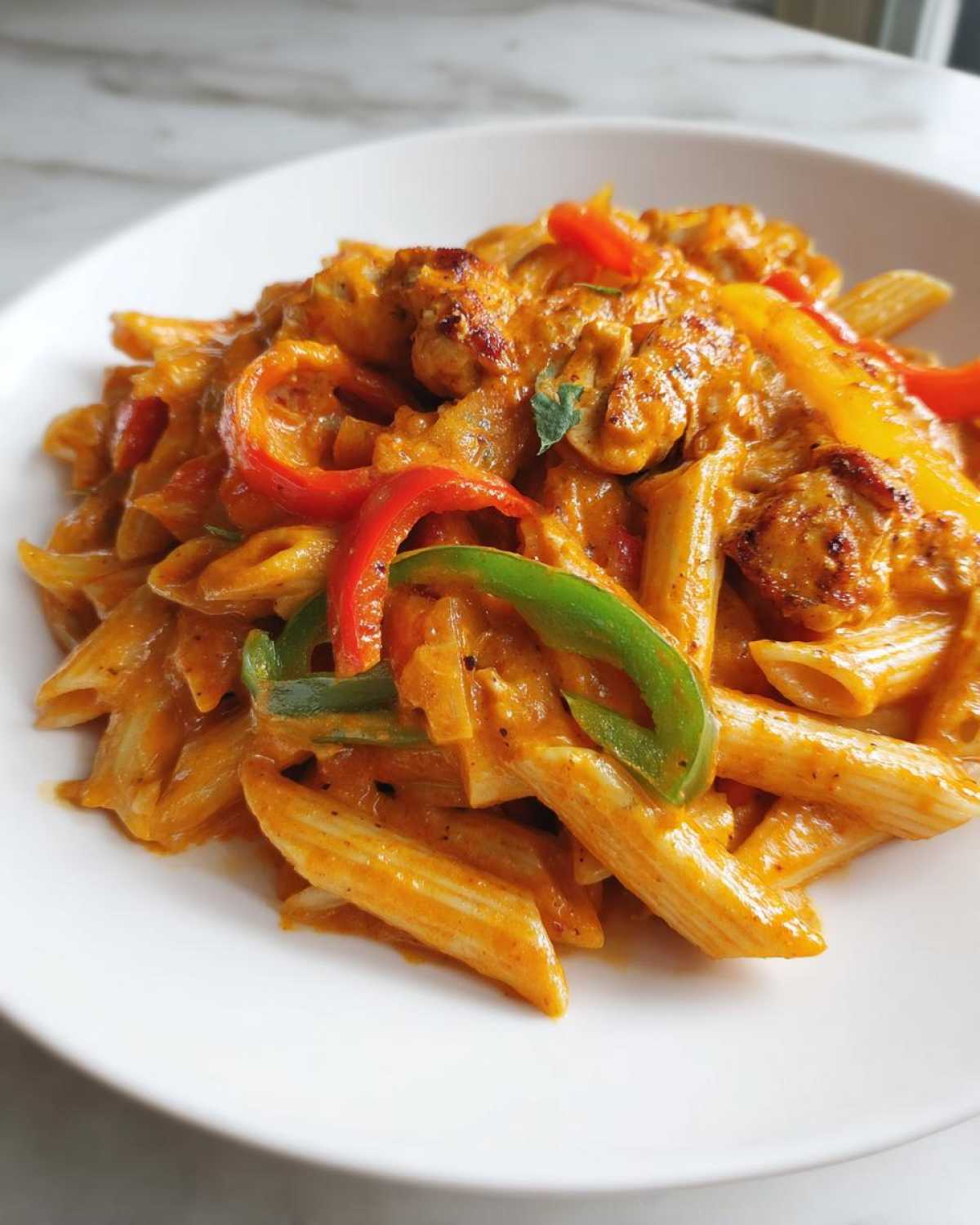 Close-up of creamy Rasta Pasta with penne, chicken pieces, and colorful bell peppers.