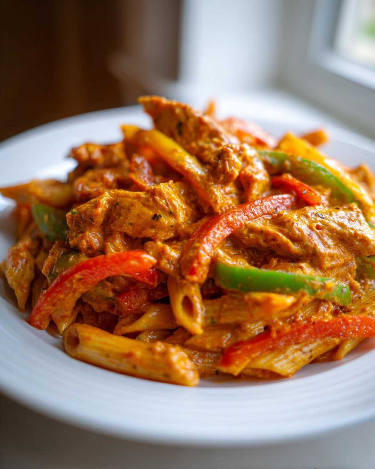 Close-up of creamy, orange-sauced Rasta Pasta mixed with strips of red and green bell peppers and chicken pieces.