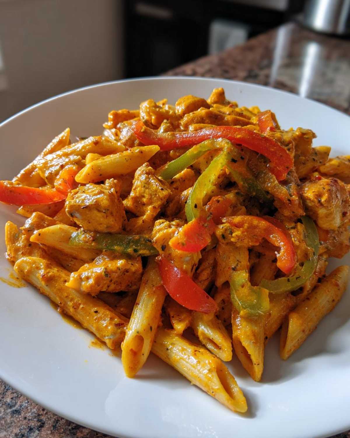 A close-up shot of creamy, orange-sauced Rasta Pasta mixed with chunks of chicken and sliced red and green bell peppers.