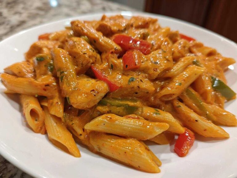 Close-up of creamy, orange-sauced Rasta Pasta with chunks of chicken and colorful bell peppers.