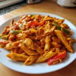 Close-up of creamy, orange-sauced Rasta Pasta mixed with colorful bell peppers on a white plate.