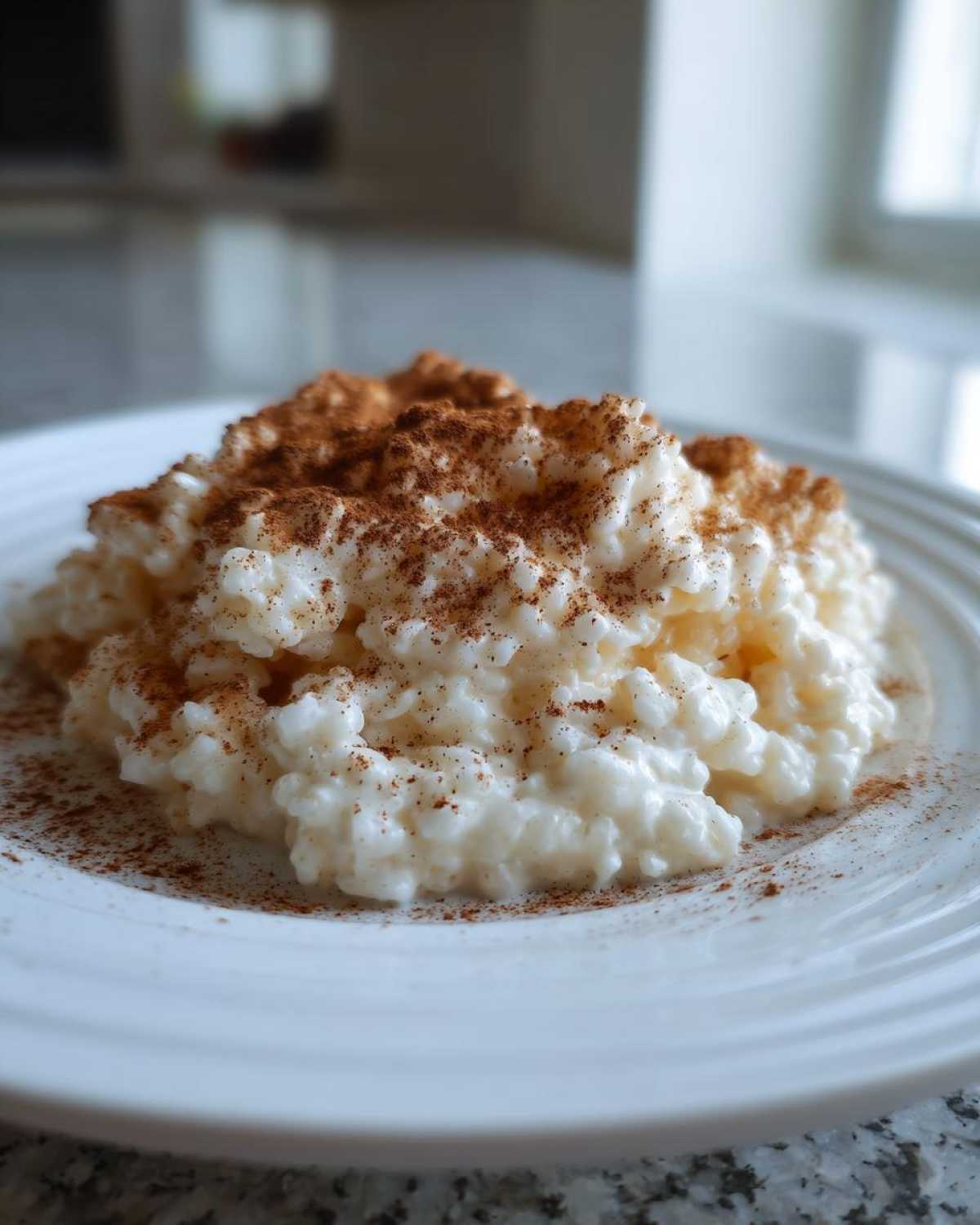 Close-up of creamy rice pudding recipe served on a white plate and generously dusted with ground cinnamon.
