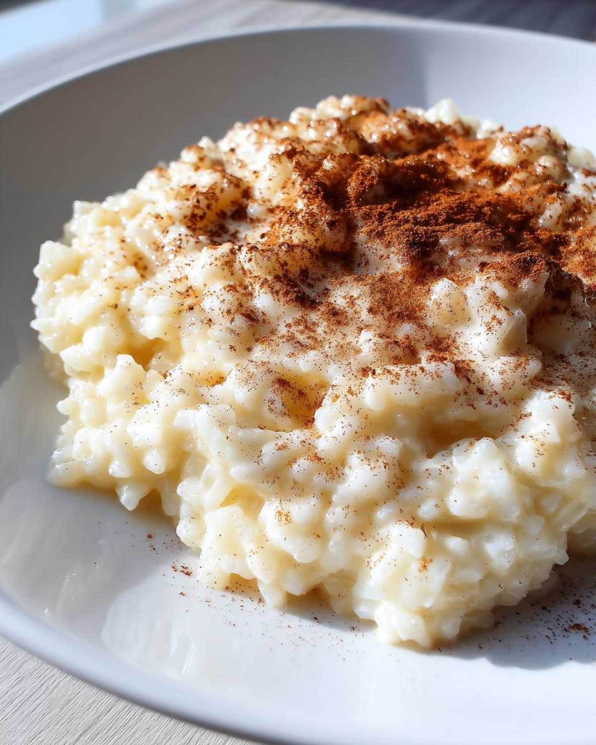 Close-up of creamy rice pudding recipe served in a white bowl, generously dusted with cinnamon.
